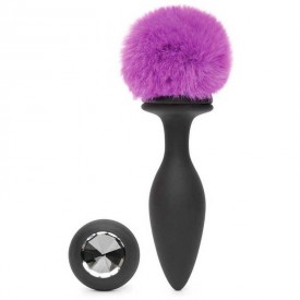 Черная анальная вибропробка Rechargeable Vibrating Bunny Tail Butt Plug Large - 14 см.